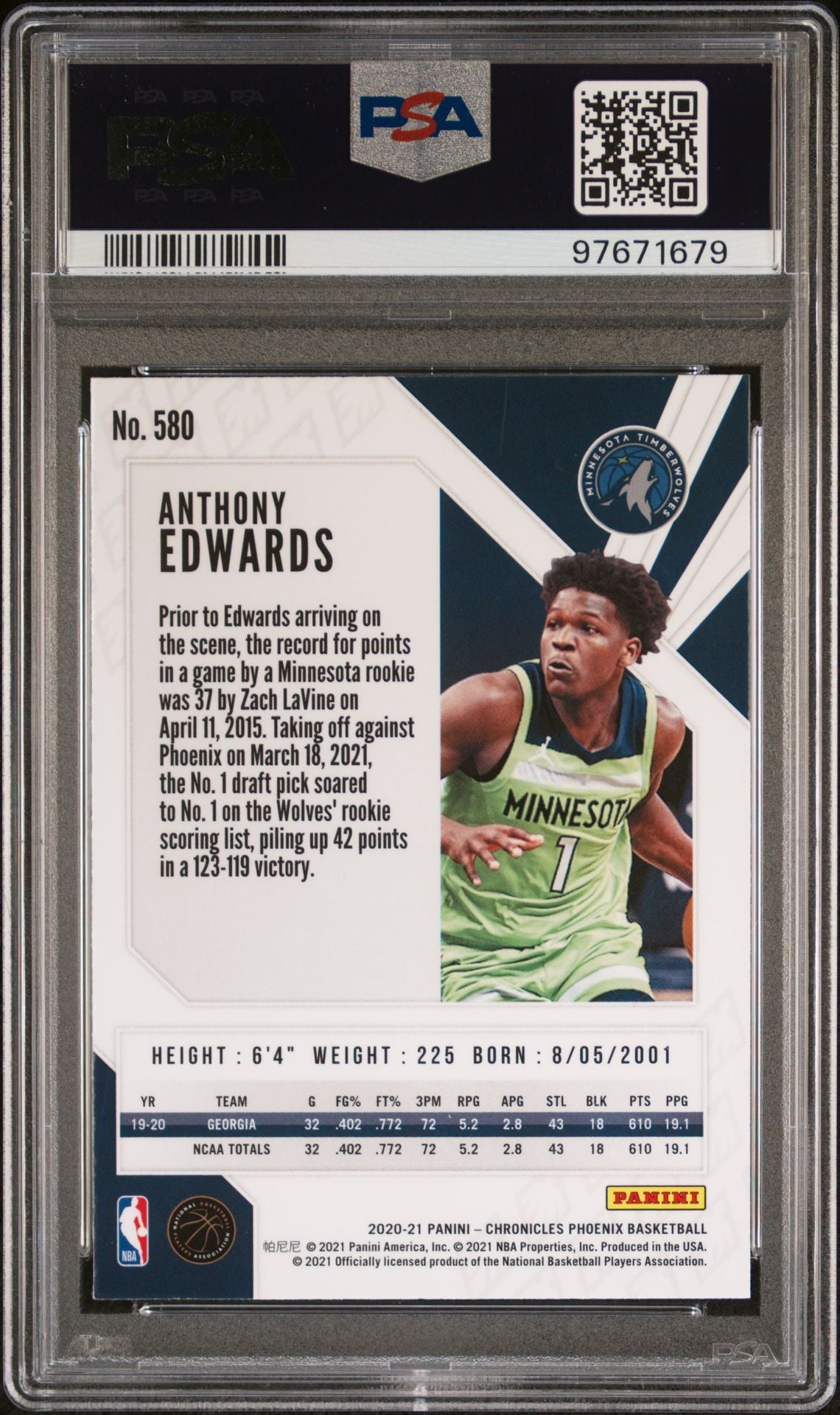 2020-21 Panini Chronicles #580 Anthony Edwards PSA 9 (RC)