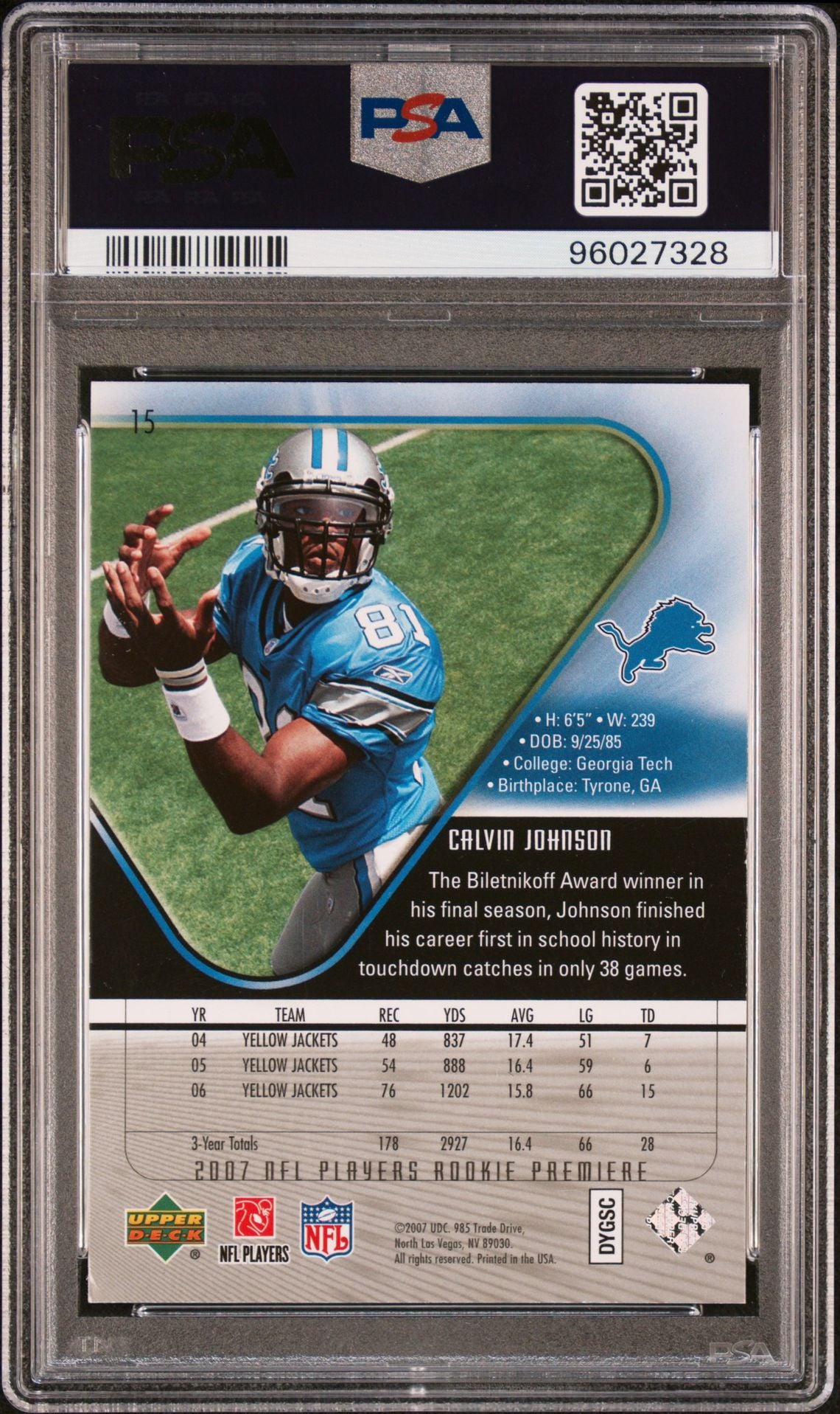 2007 Upper Deck Rookie Premiere #15 Calvin Johnson PSA 5 Rookie Card