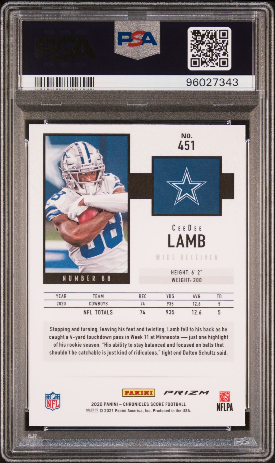 2020 Panini Chronicles Score Silver #451 CeeDee Lamb PSA 9 Rookie Card