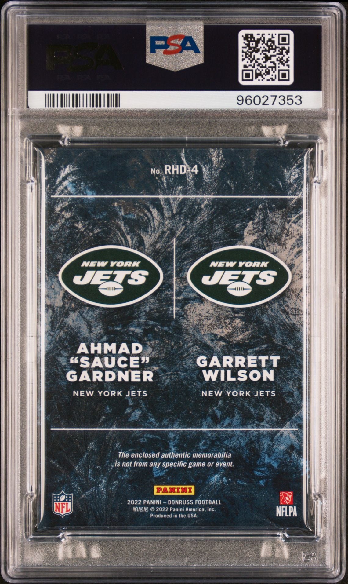 2022 Donruss Rookie Hol. Sweater Dual Memorabilia Garrett Wilson/Ahmad Gardner