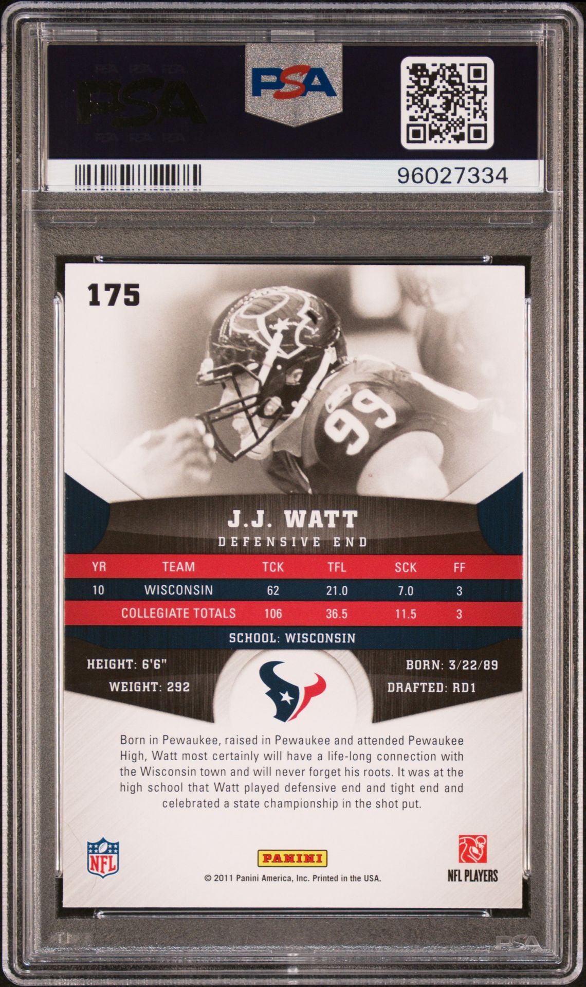 2011 Panini Gridiron Gear #175 J.J. Watt PSA 8 Rookie Card