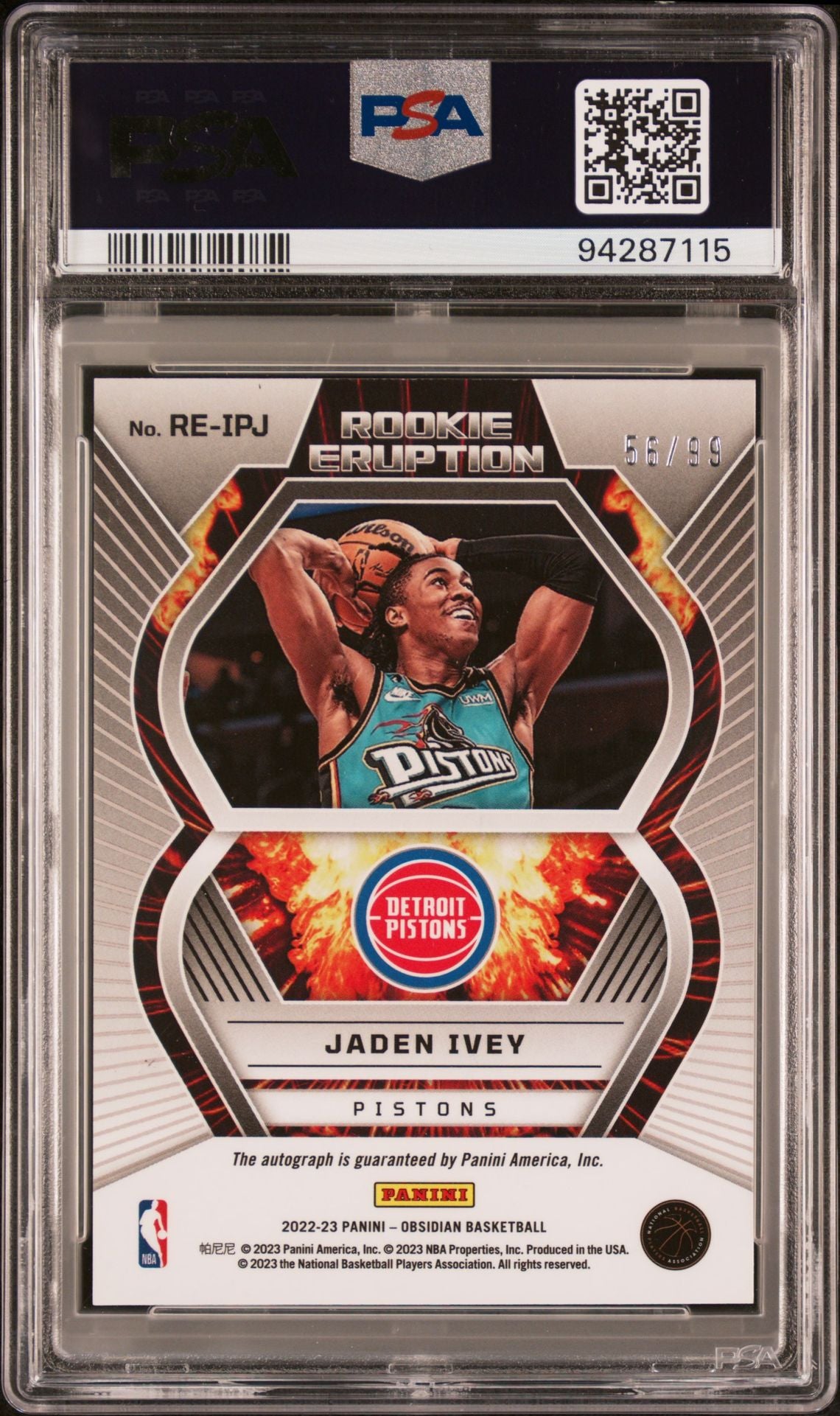 2022 Obsidian Rookie Eruption Autograph #REIPJ Jaden Ivey PSA 10/Auto 10