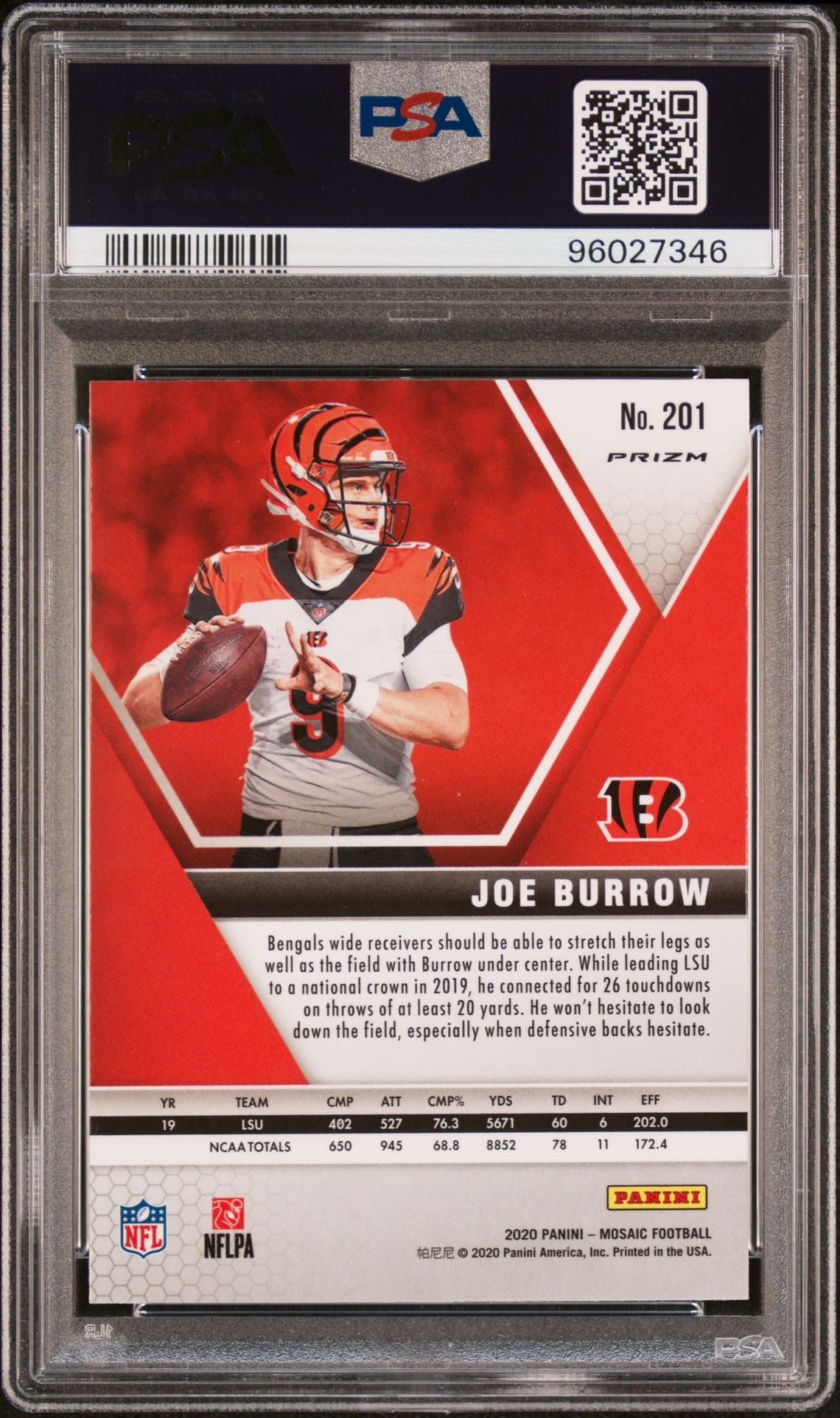 2020 Panini Mosaic Reactive Green Prizm #201 Joe Burrow PSA 10 Rookie Card