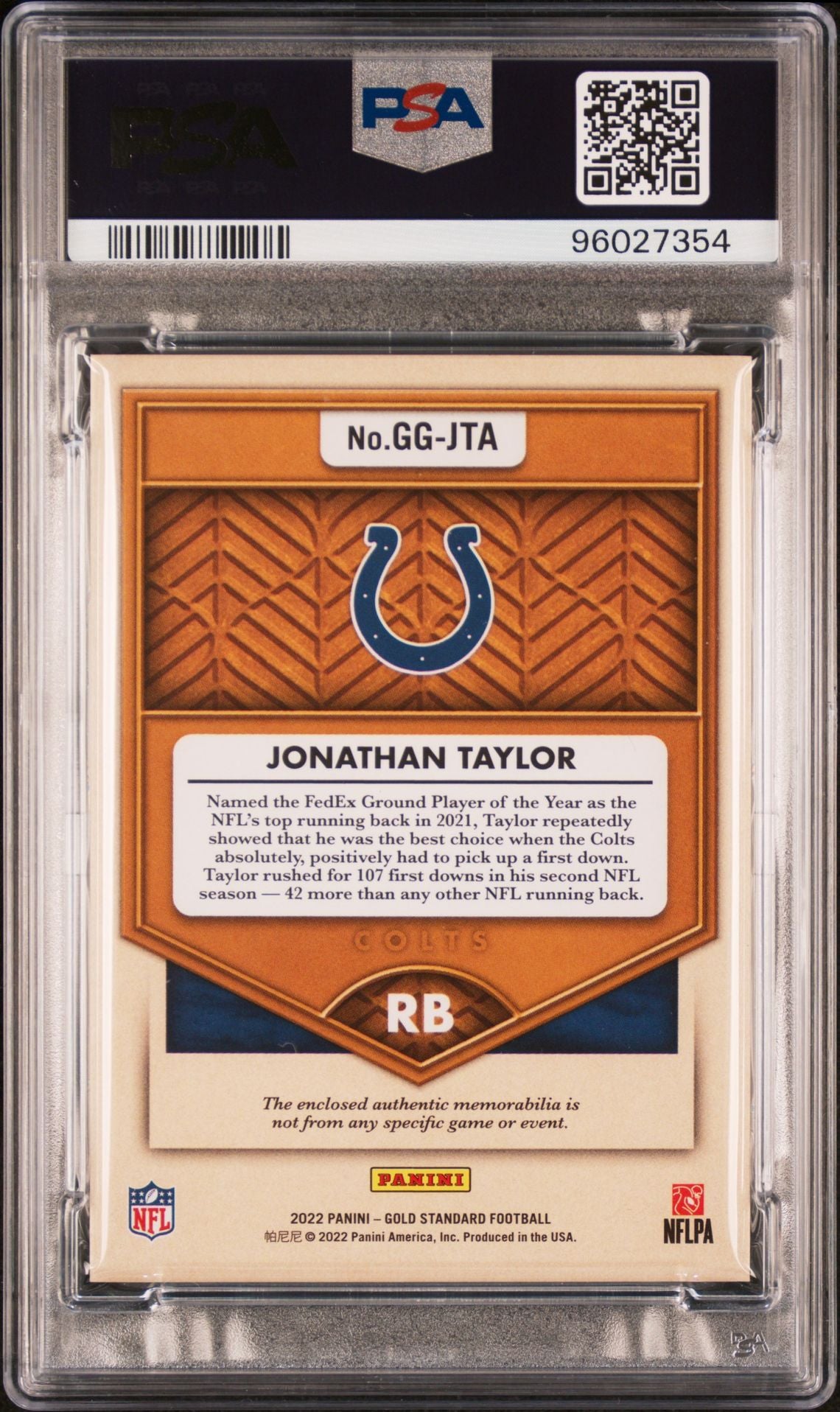 2022 Panini Gold Standard Gold Gear Relic #GGJTA Jonathan Taylor PSA 8 (RC)