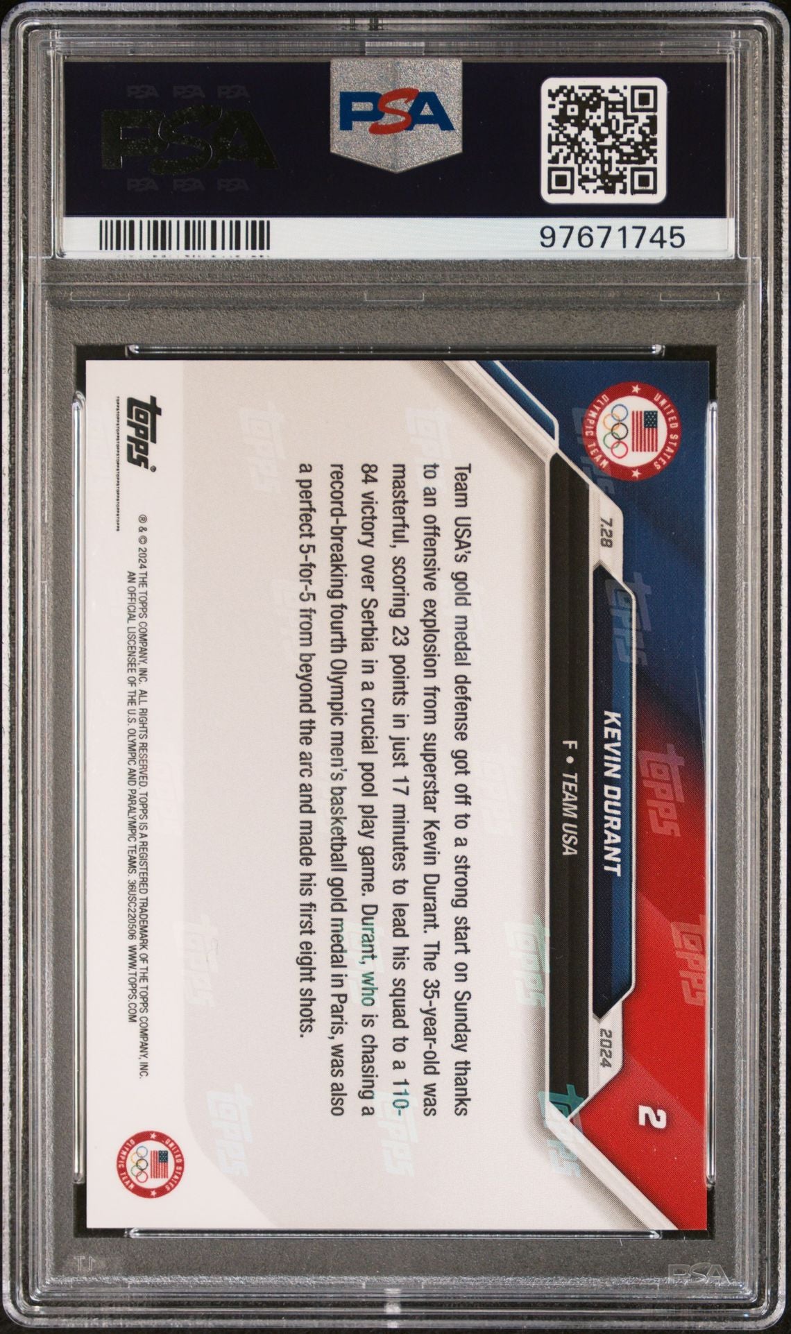 2024 Topps Now Olympic/Paralympic Games - #2 Kevin Durant PSA 10