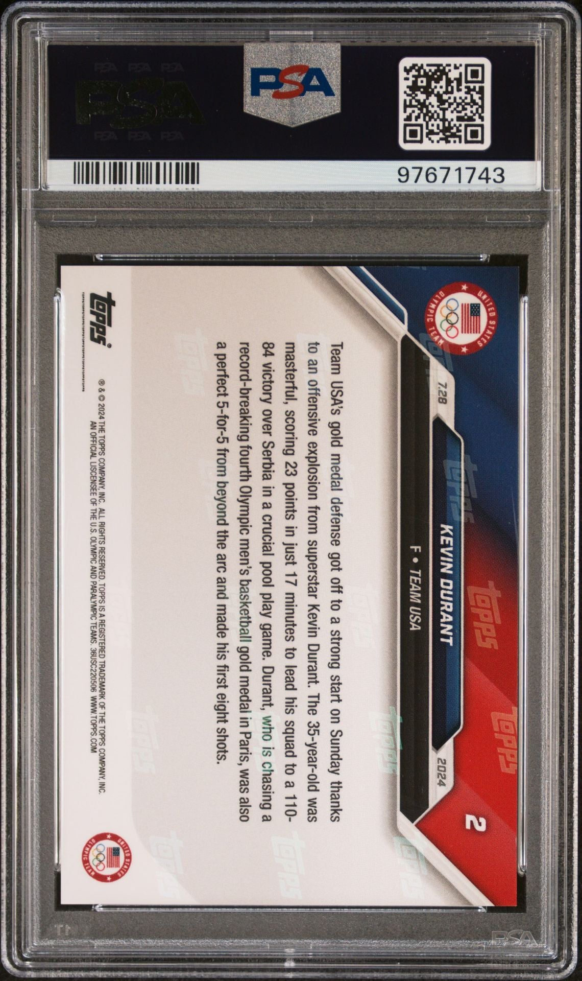 2024 Topps Now Olympic/Paralympic Games - #2 Kevin Durant PSA 10