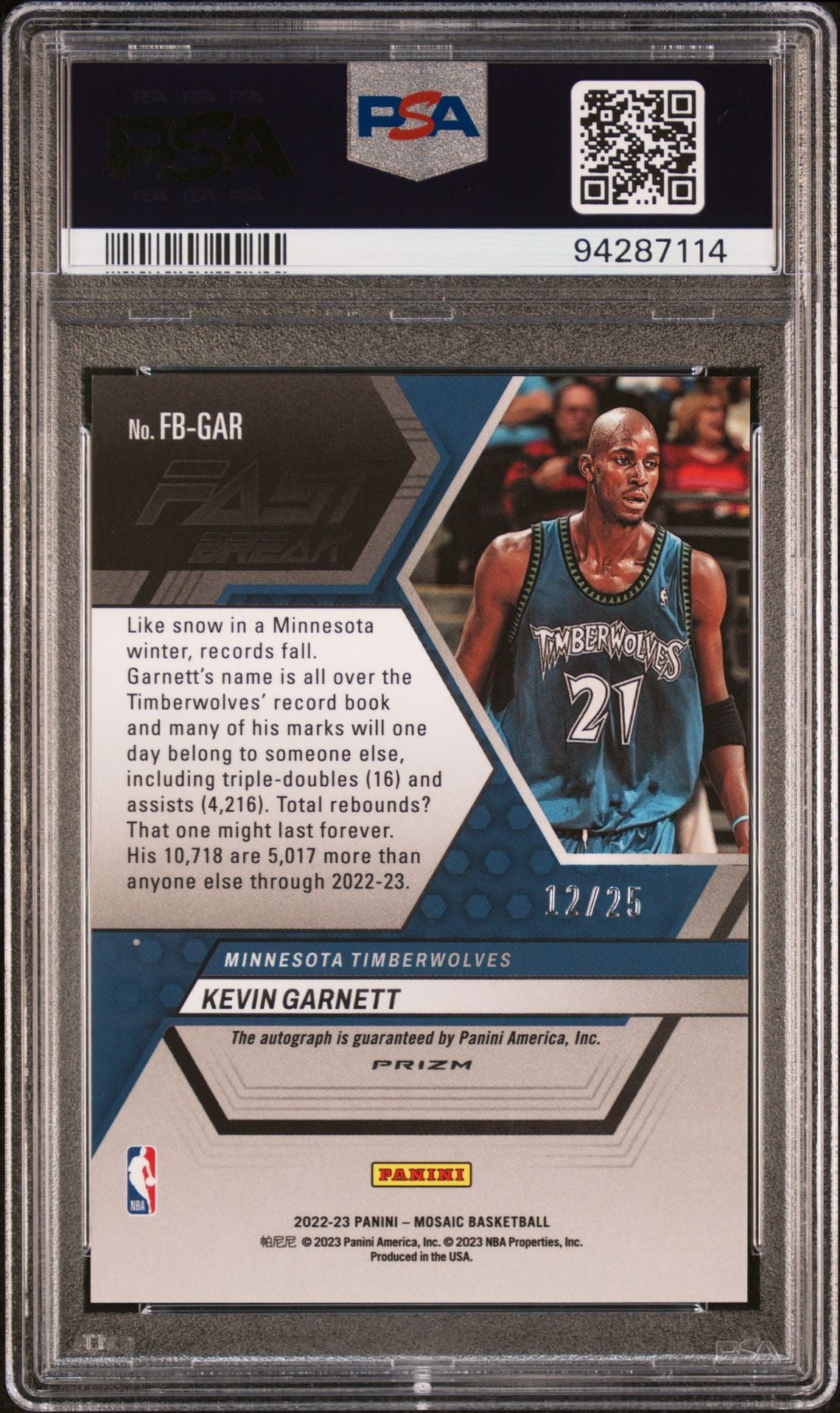 2022 Panini Mosaic Autographs Fast Break-Blue #FBGAR Kevin Garnett PSA 9/Auto 9