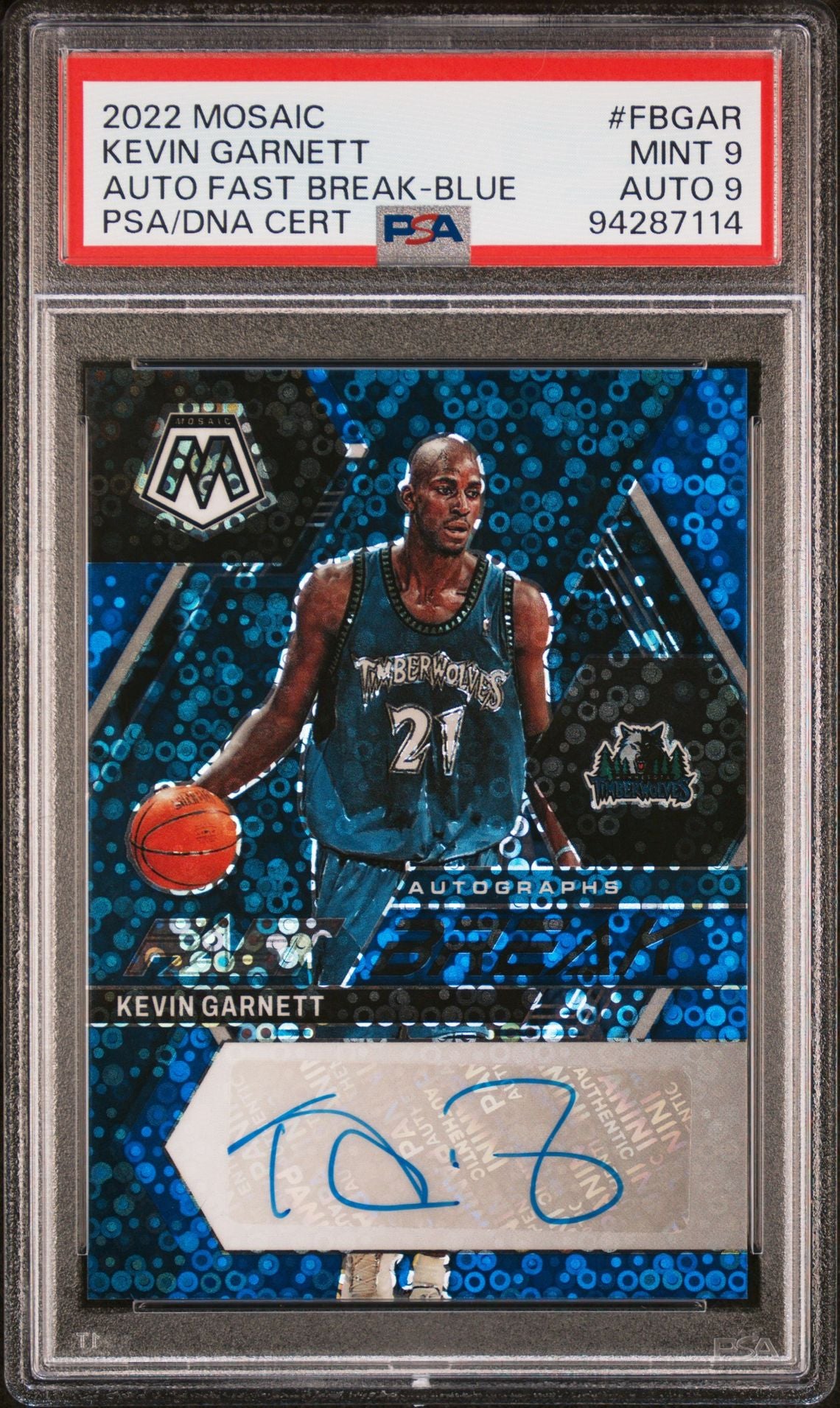 2022 Panini Mosaic Autographs Fast Break-Blue #FBGAR Kevin Garnett PSA 9/Auto 9