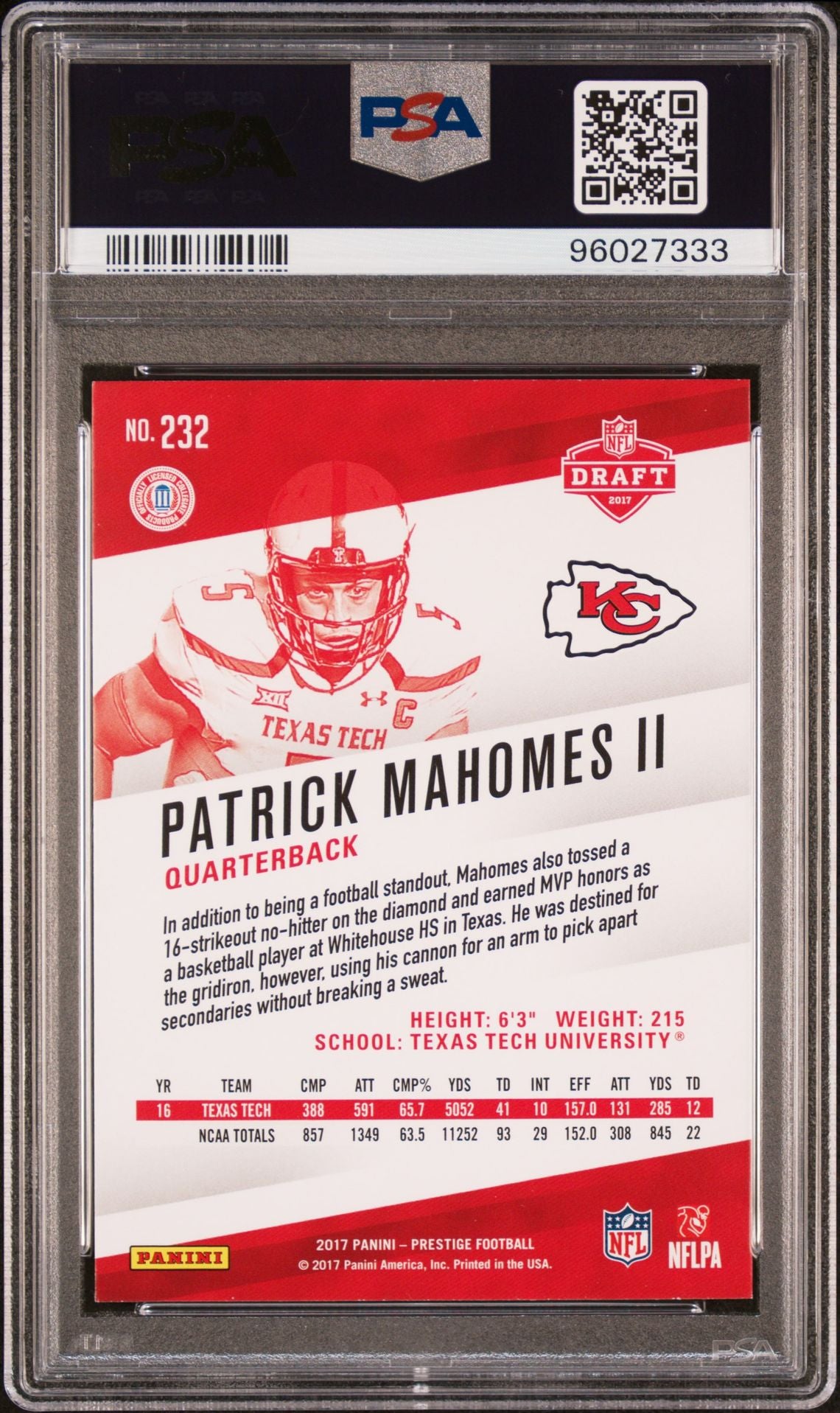 2017 Panini Prestige #232 Patrick Mahomes II PSA 10 Rookie Card