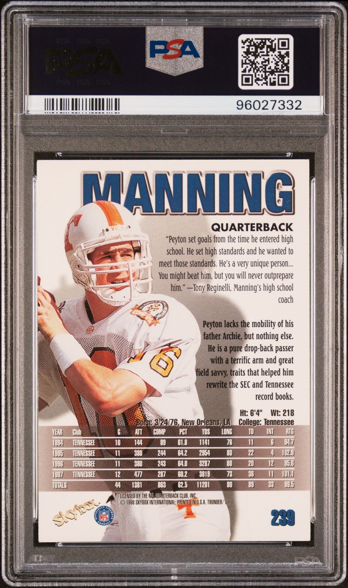 1998 Skybox Thunder #239 Peyton Manning PSA 4 Rookie Card