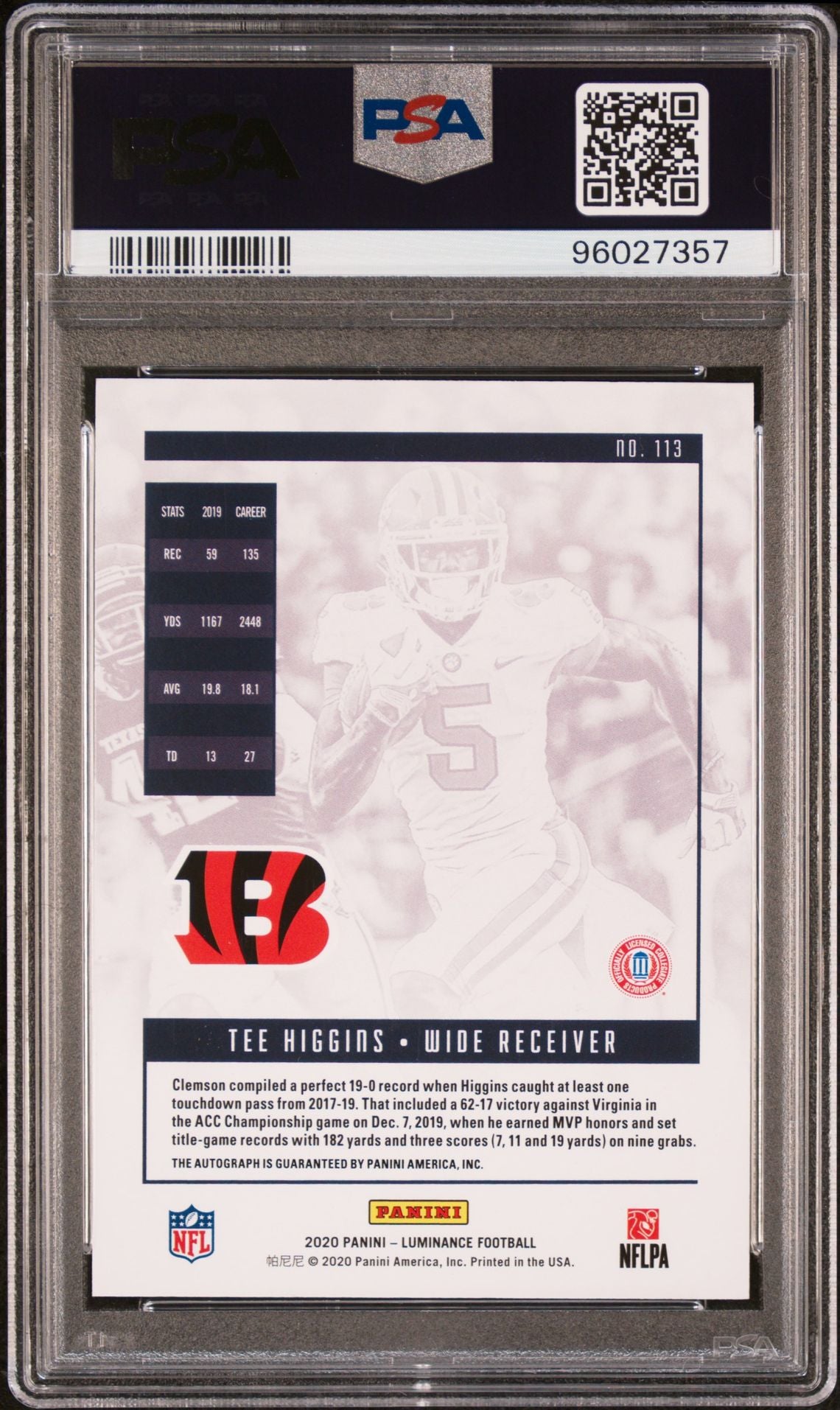 2020 Panini Luminance Autograph-Gold #113 Tee Higgins /100 PSA 10 Rookie Card