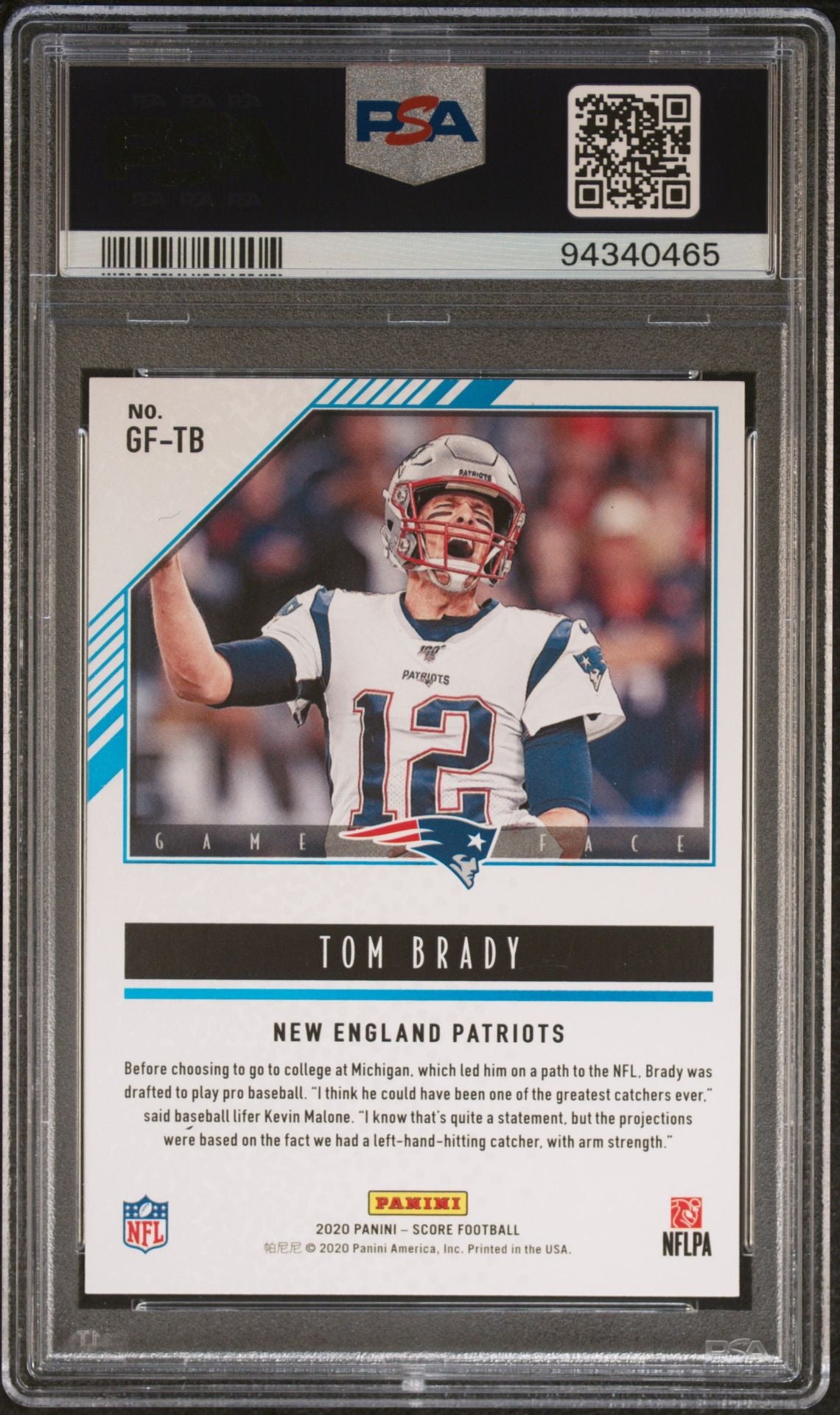 2020 Panini Score - Game Face #GFTB Tom Brady PSA 9