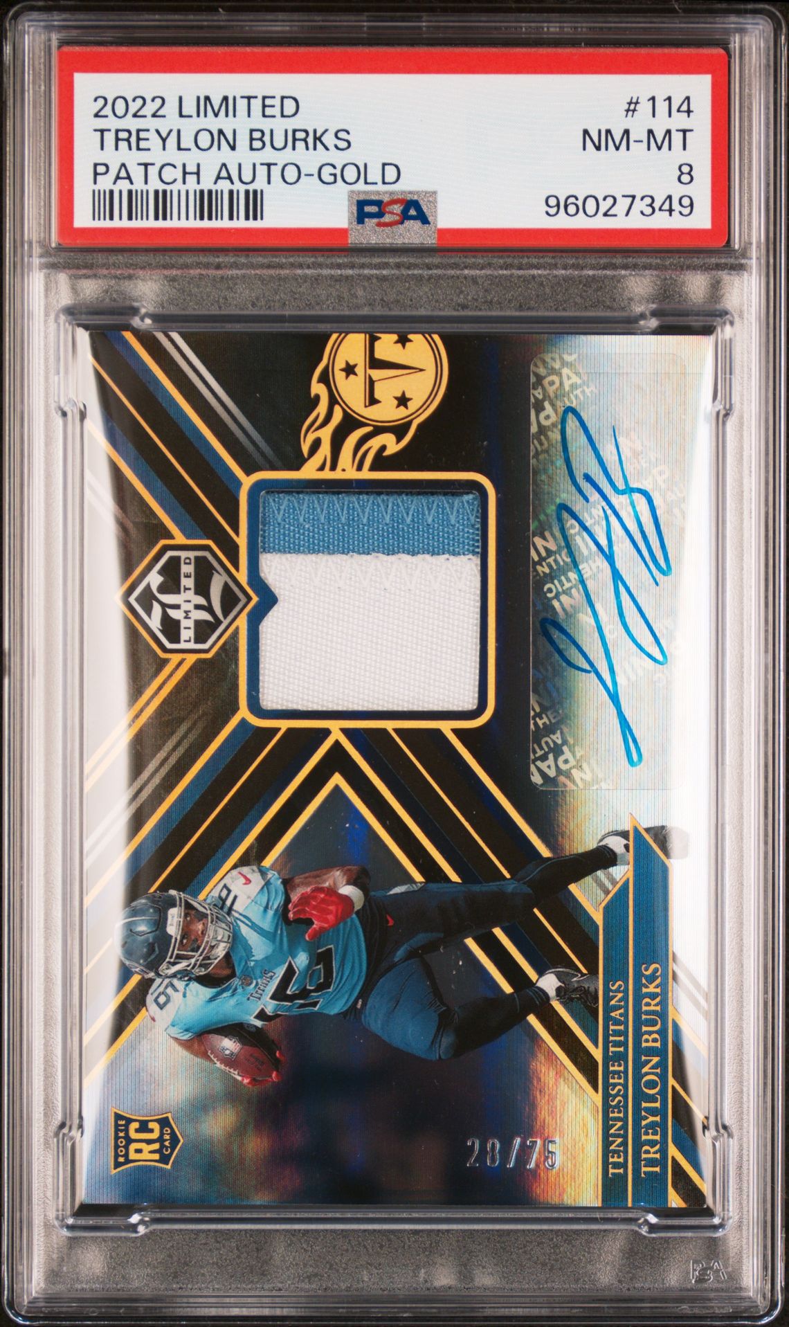 2022 Panini Limited Patch Autographs Gold #114 28/75 Treylon Burks PSA 8 (SN,RC)