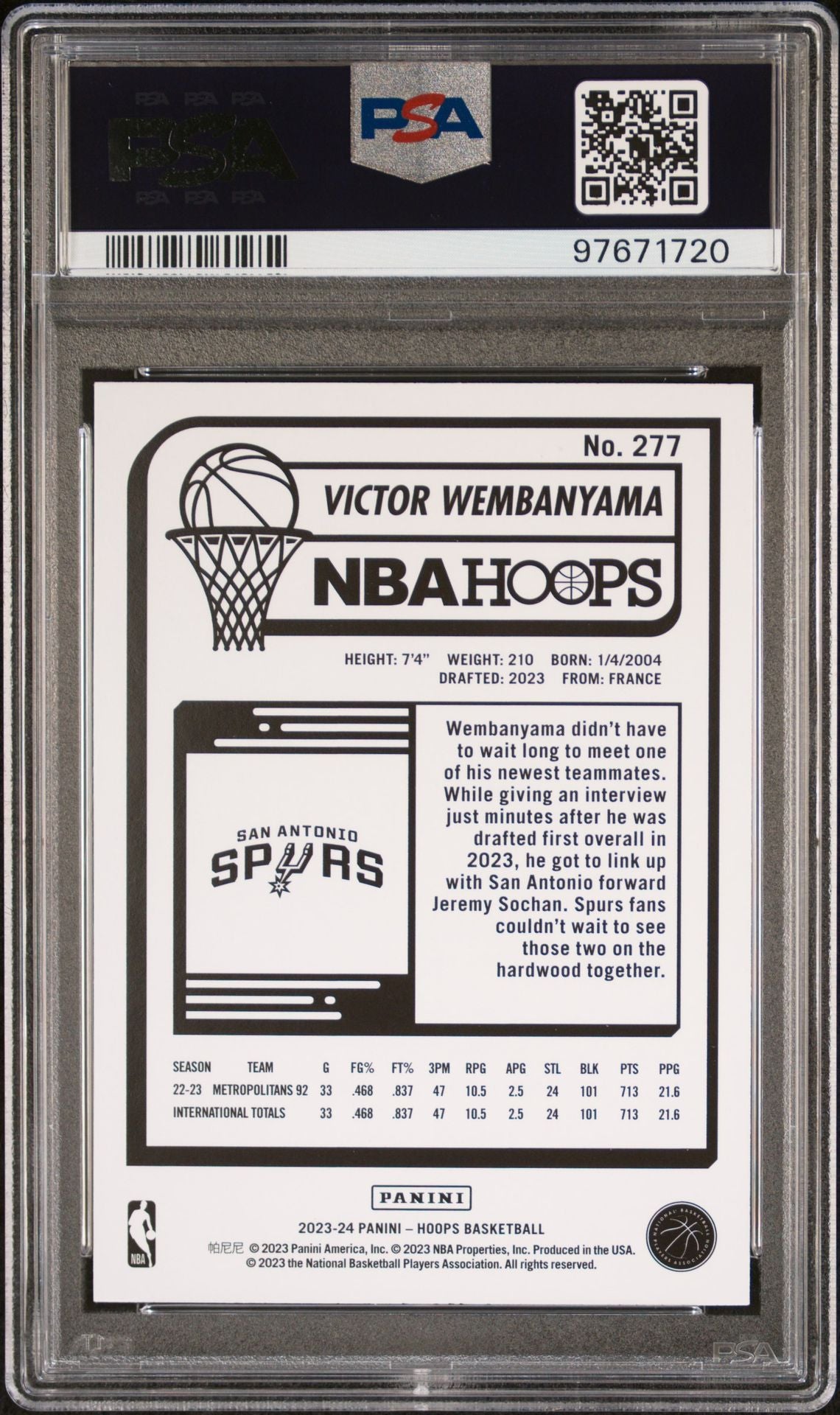 2023-24 Panini NBA Hoops - Rookies #277 Victor Wembanyama PSA 10 (RC)