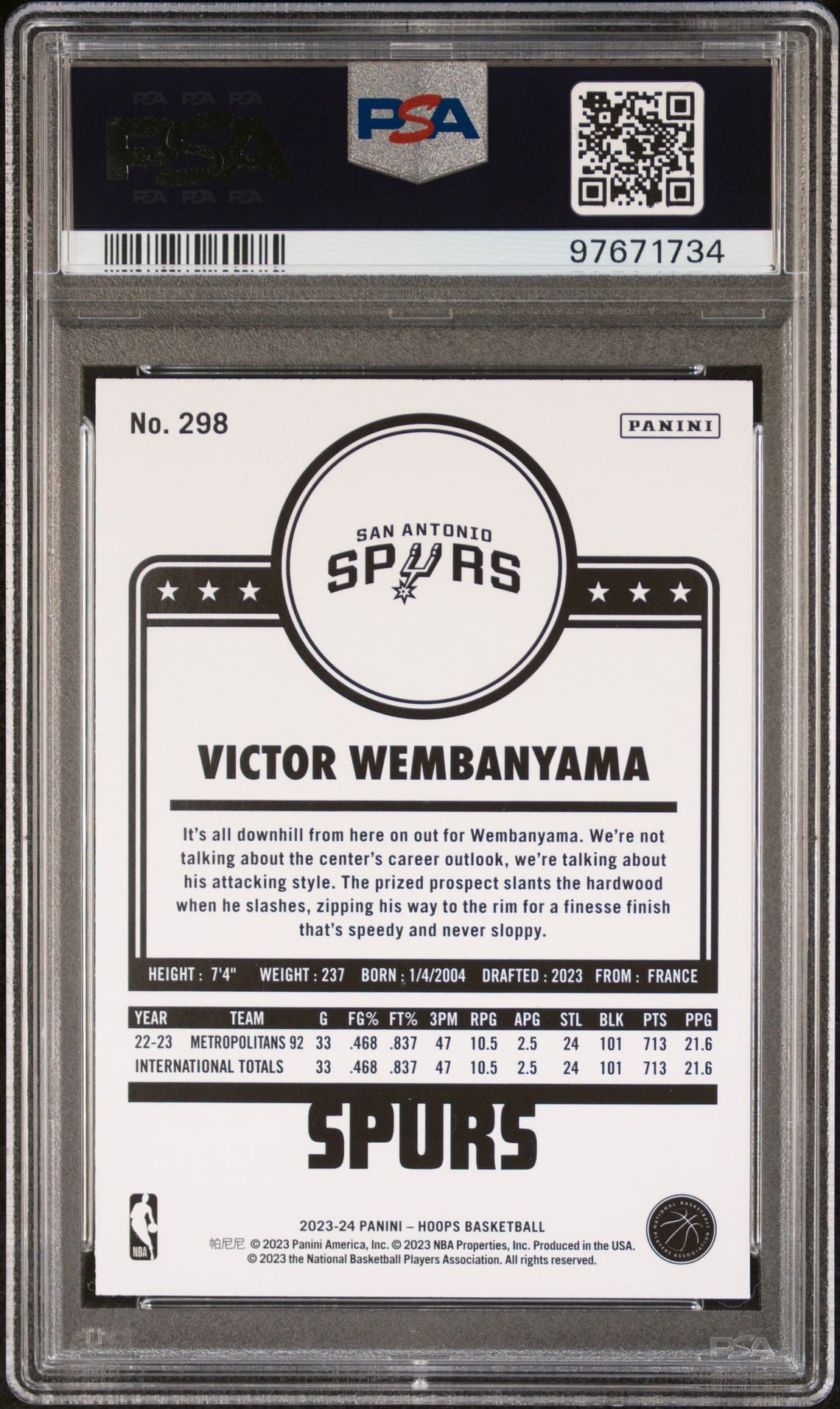 2023-24 Panini NBA Hoops #298 Victor Wembanyama PSA 10 (RC)