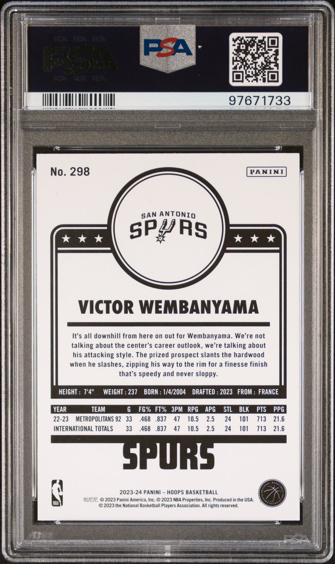 2023-24 Panini NBA Hoops #298 Victor Wembanyama PSA 10 (RC)