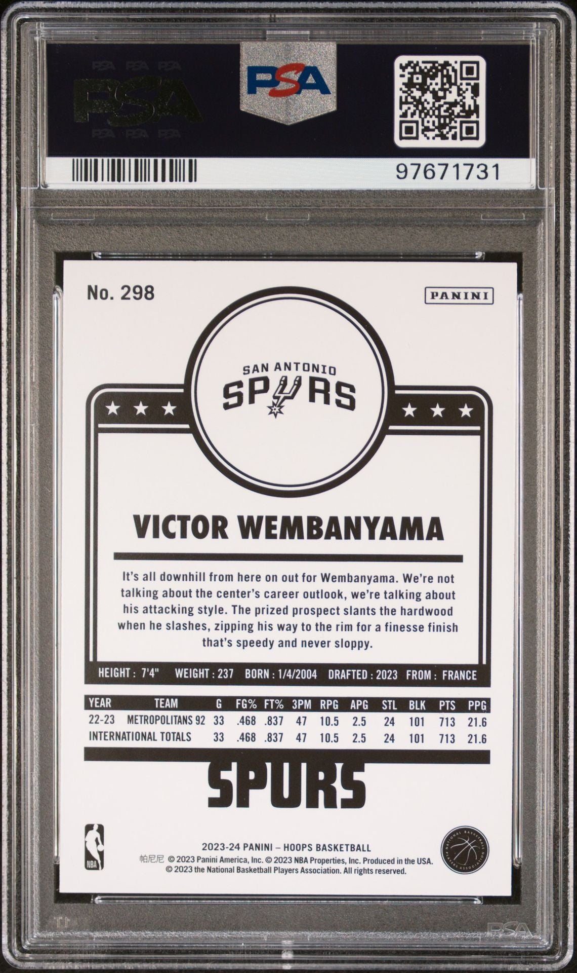 2023-24 Panini NBA Hoops - Winter #298 Victor Wembanyama PSA 9 (RC)