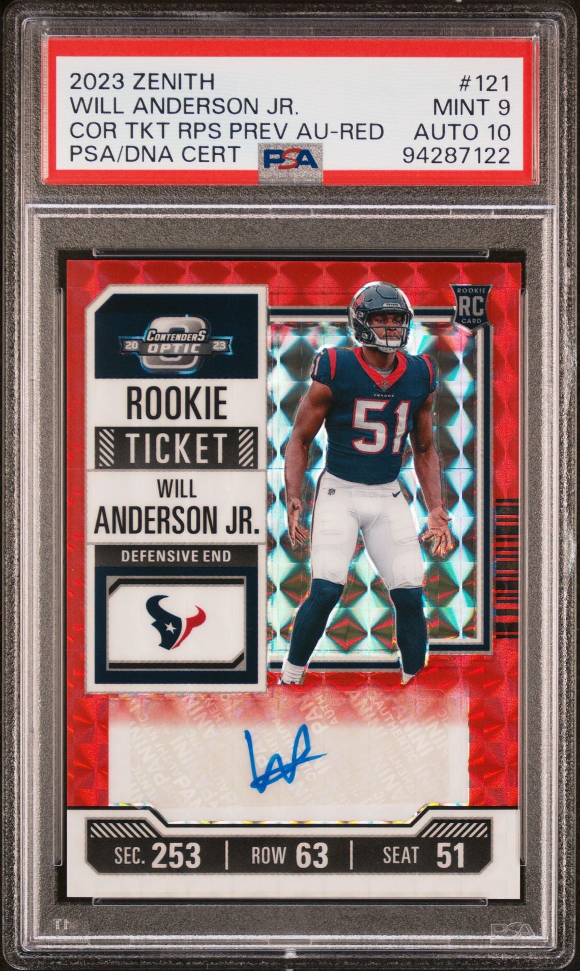 2023 Zenith Contenders Optic Rookie Ticket-Red RPS Preview Auto Will Anderson Jr.