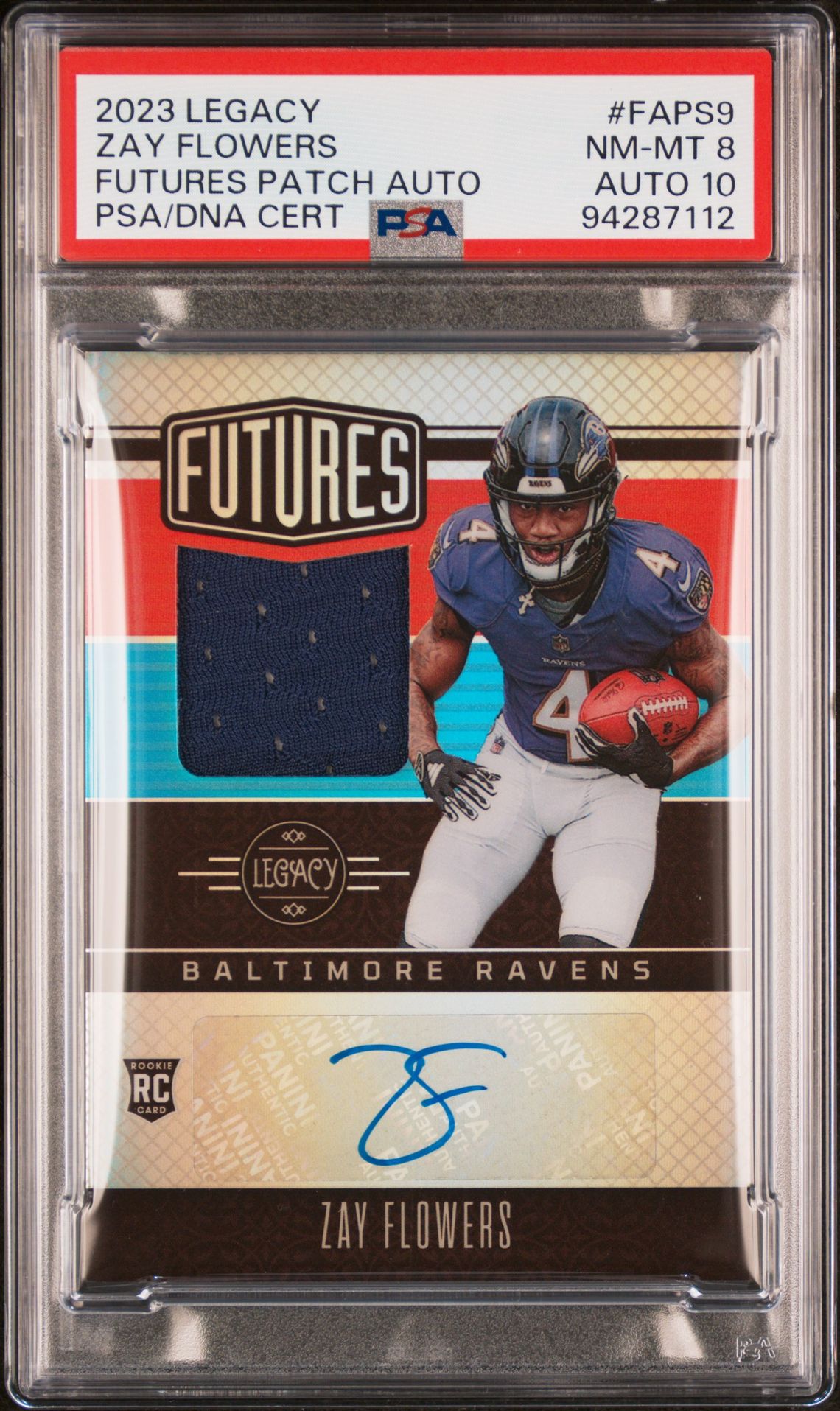 2023 Legacy Futures Patch Autograph #FAPS9 Zay Flowers PSA 8/Auto 10 (RC,AU)